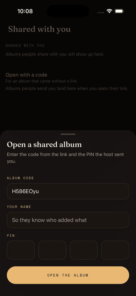 Open a shared album: an album code, a name, and four PIN boxes above an Open the album button